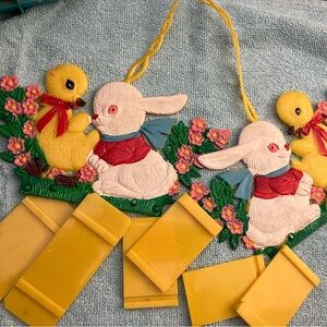 Vintage Easter Plastic Coated Kitchy Yellow Collapsible Basket w/ Bunny & duck